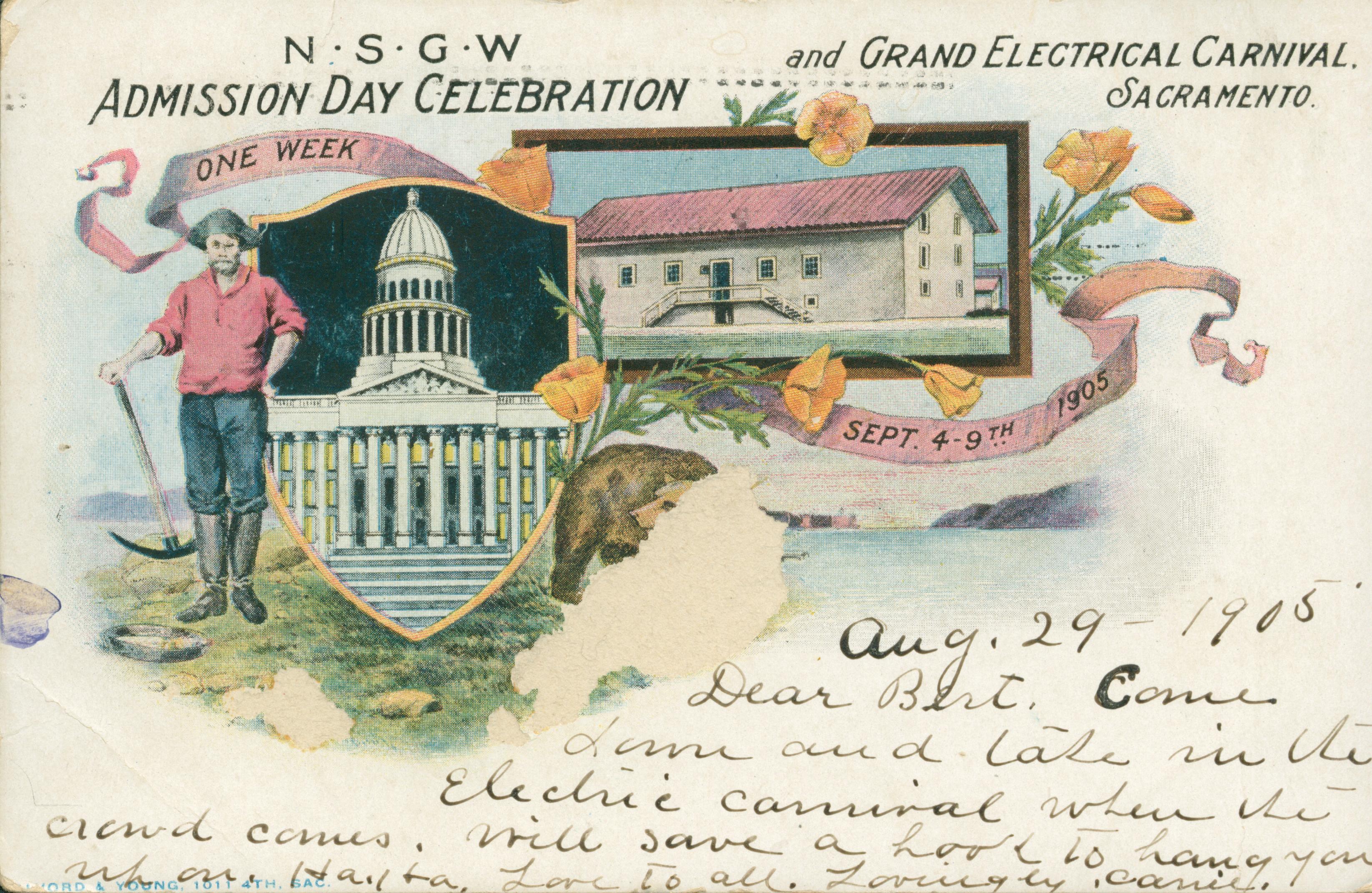 This postcard shows vignettes of Sutter's Fort and the State Capitol, surrounding them are images of a river, a bear and a gold miner.